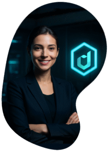 Consultante Devsty en tenue professionnelle devant un logo digital