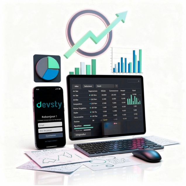 Écran d’ordinateur et mobile affichant des dashboards et applications Devsty, avec graphiques d’analytics